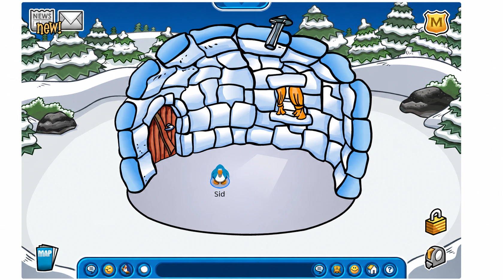 Penguin standing inside a classic snow igloo in Club Penguin