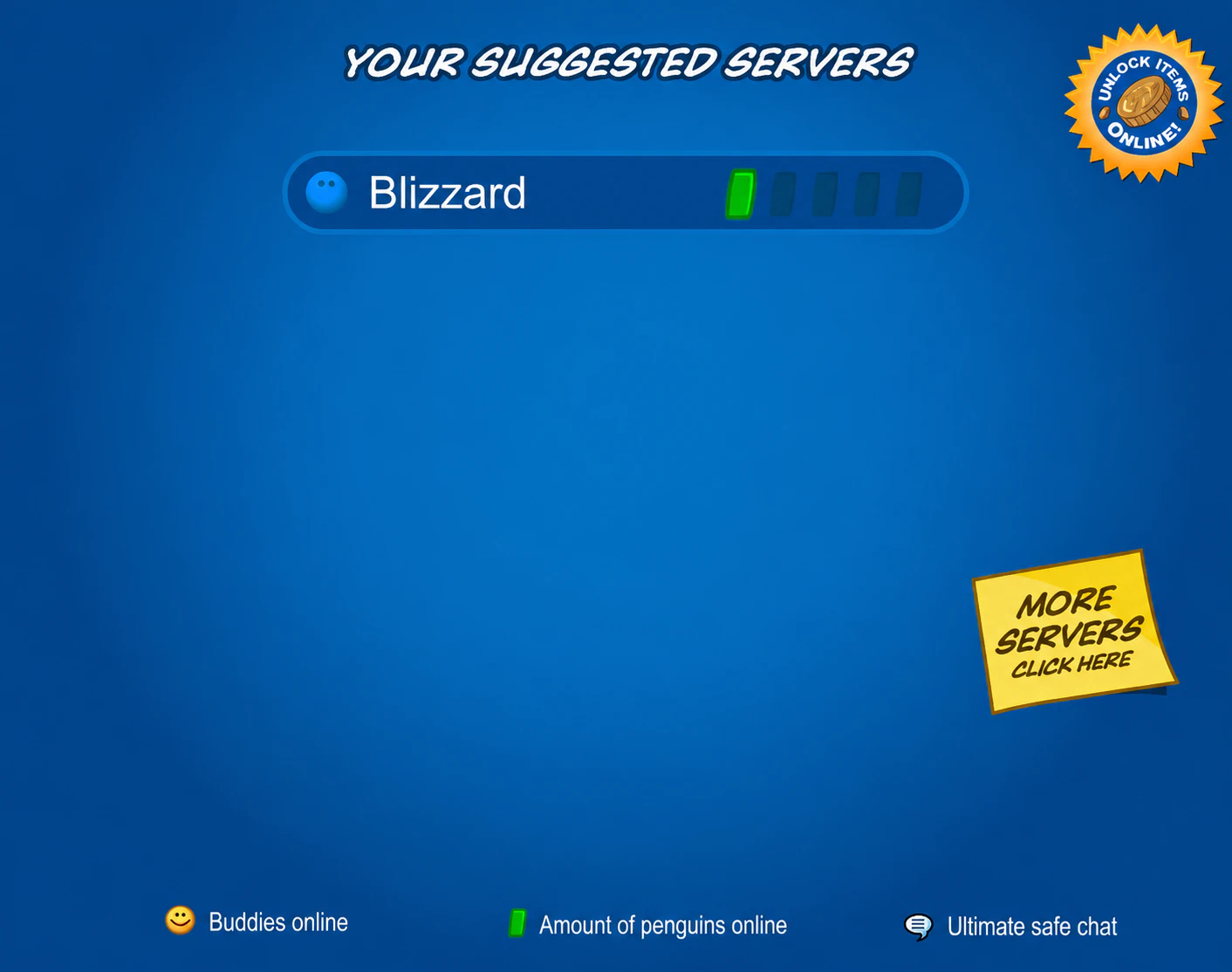 Club Penguin suggested servers screen showing the Blizzard server online