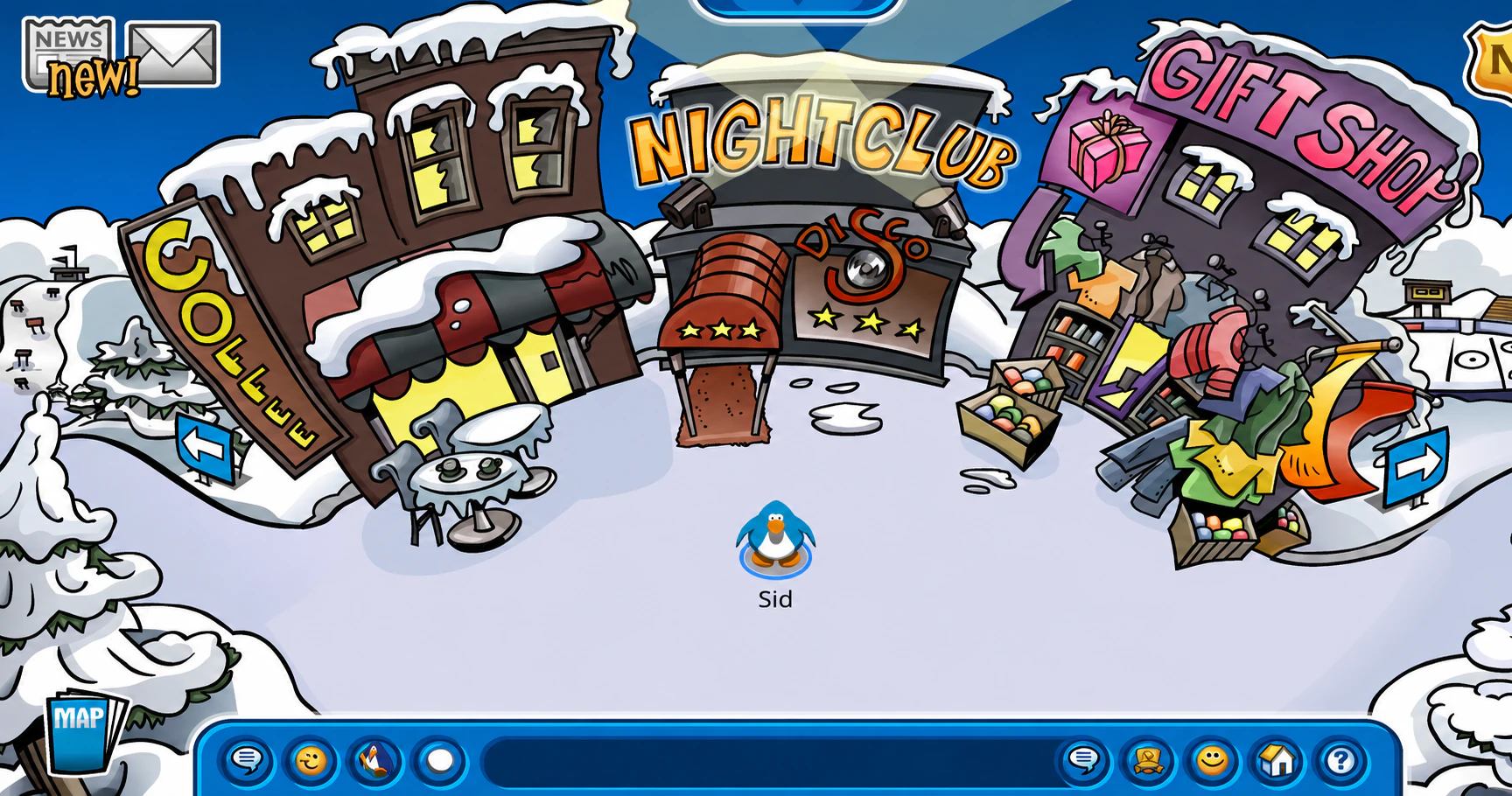 Penguin standing in the snowy Club Penguin Town between the Coffee Shop, Night Club, and Gift Shop