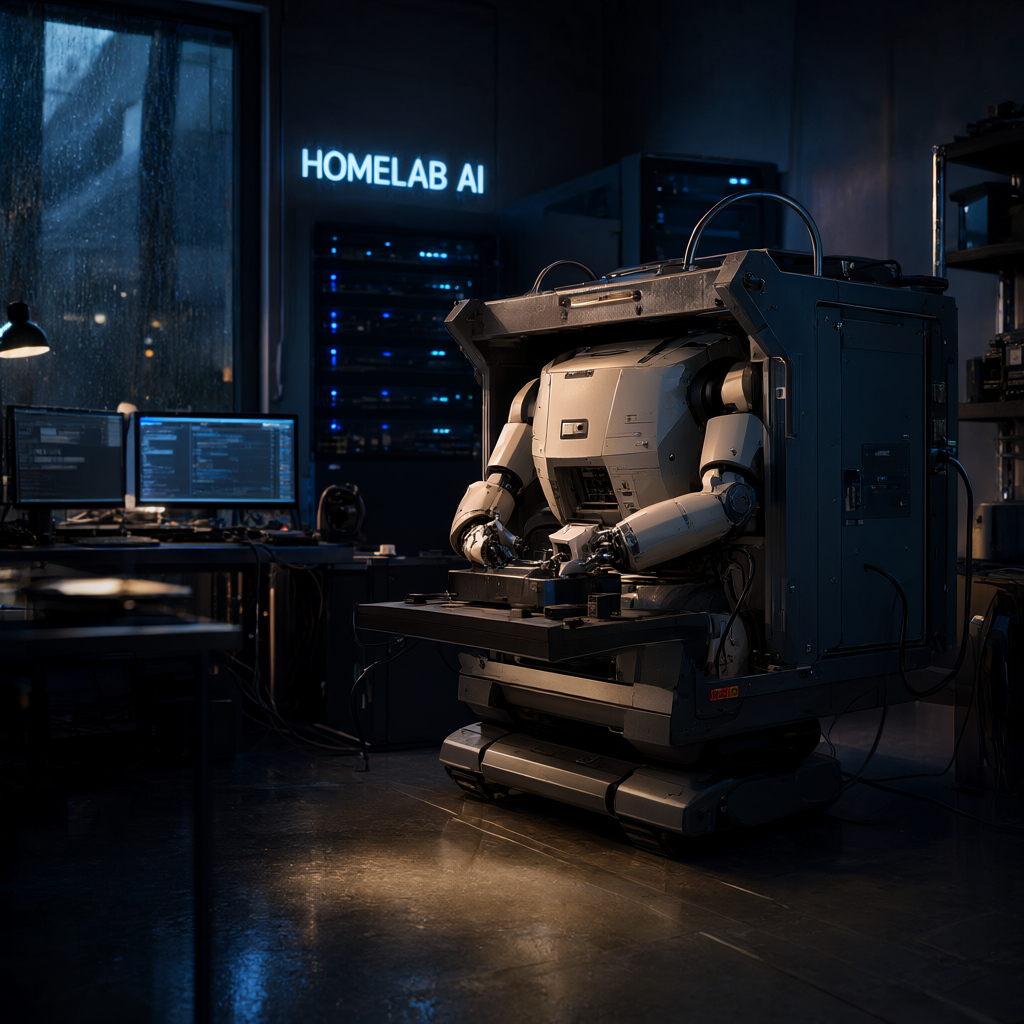 A cinematic robot working in a dark home AI lab beside server racks and computer displays