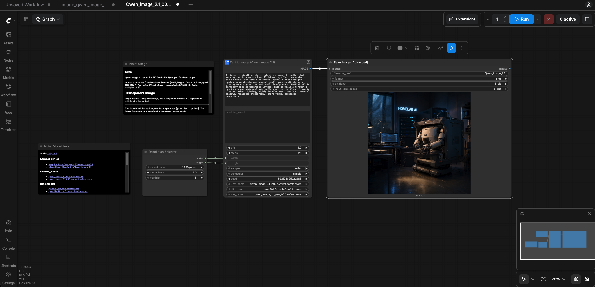 ComfyUI showing the Qwen-Image-2.1 text-to-image workflow connected to the generated homelab robot image