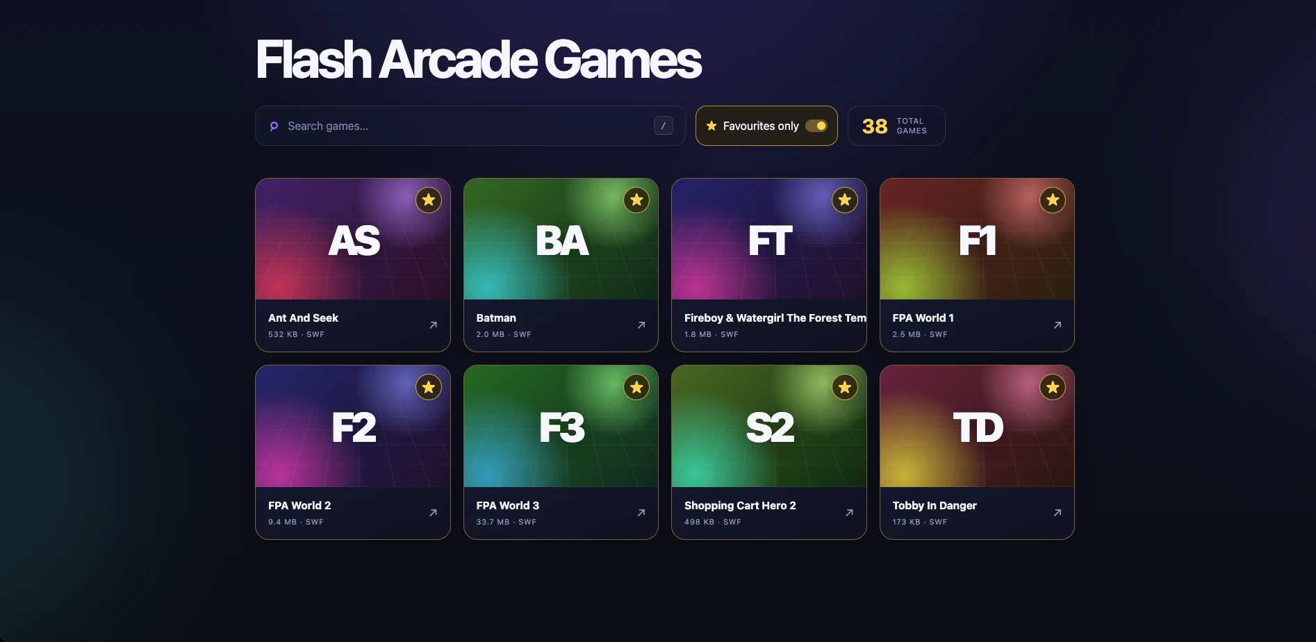 Flash Arcade Games library filtered to display eight favourite games