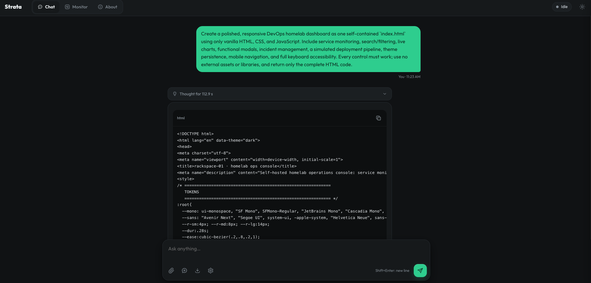 Strata Chat showing the local Qwen model returning a complete self-contained HTML dashboard