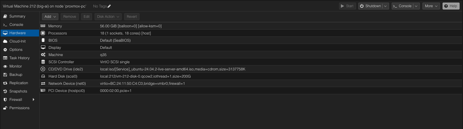 Proxmox hardware configuration for the big-ai virtual machine, including CPU, memory, disk, network and passed-through GPU