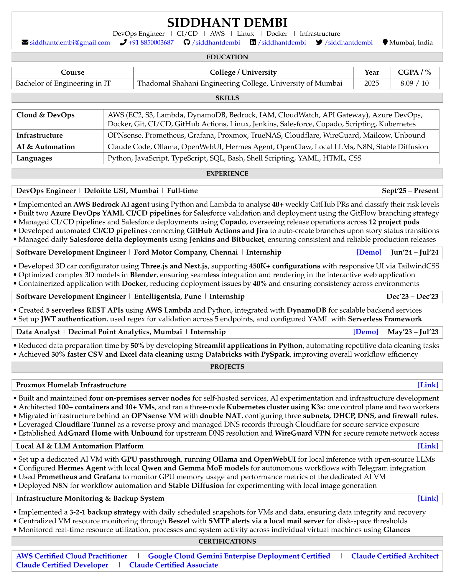 Siddhant Dembi resume, page 1